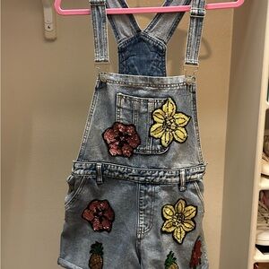 Denim Overalls with Floral Patches